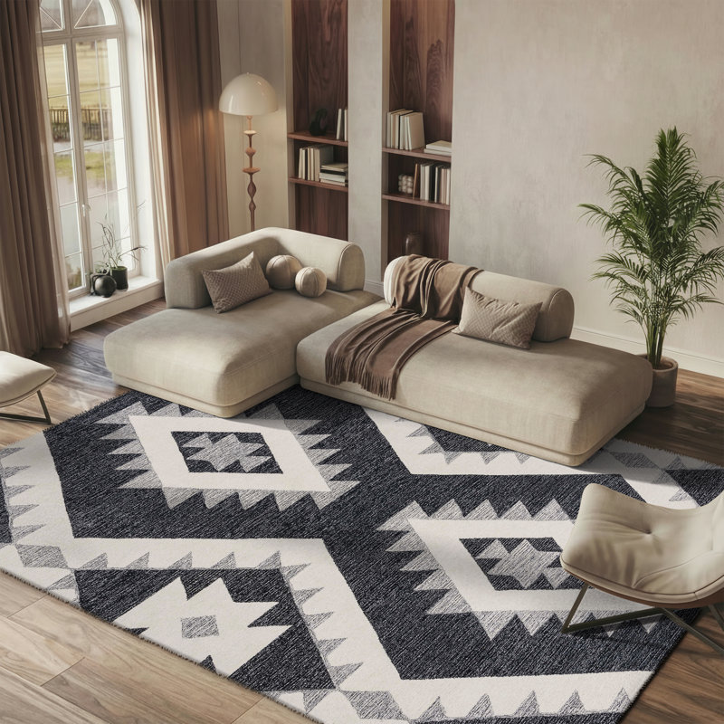 Tapis ivoire / noir en laine touffeté à la main Ares Southwestern, Rectangle 8 pi x 10 pi