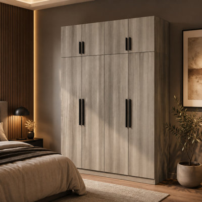 Armoire haute 90,6 po à 4 portes gris fumée - armoire de rangement supérieure, ensemble anti-basculement inclus, charnières à fermeture en douceur et poignées noir mat