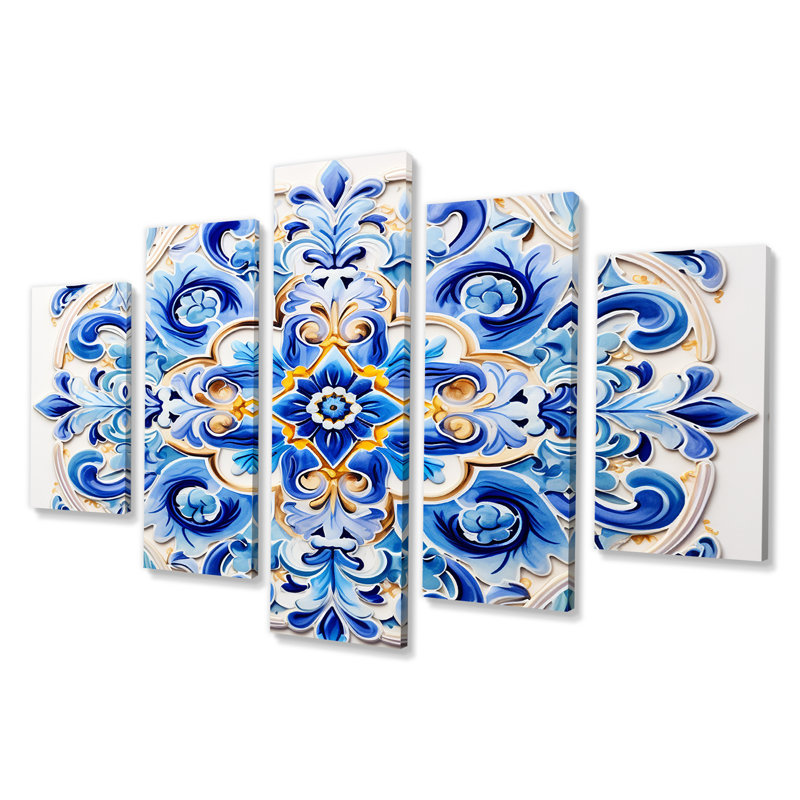 Carreaux de mosaïque floraux bleu azur - tuile abstraite, art mural 5 pièces, H 32 po x l 60 po