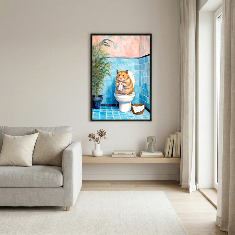 Hamster sur toilette avec serviette, impression sur toile tendue sur toile, ensemble de 1, H 24 po x l 16 po