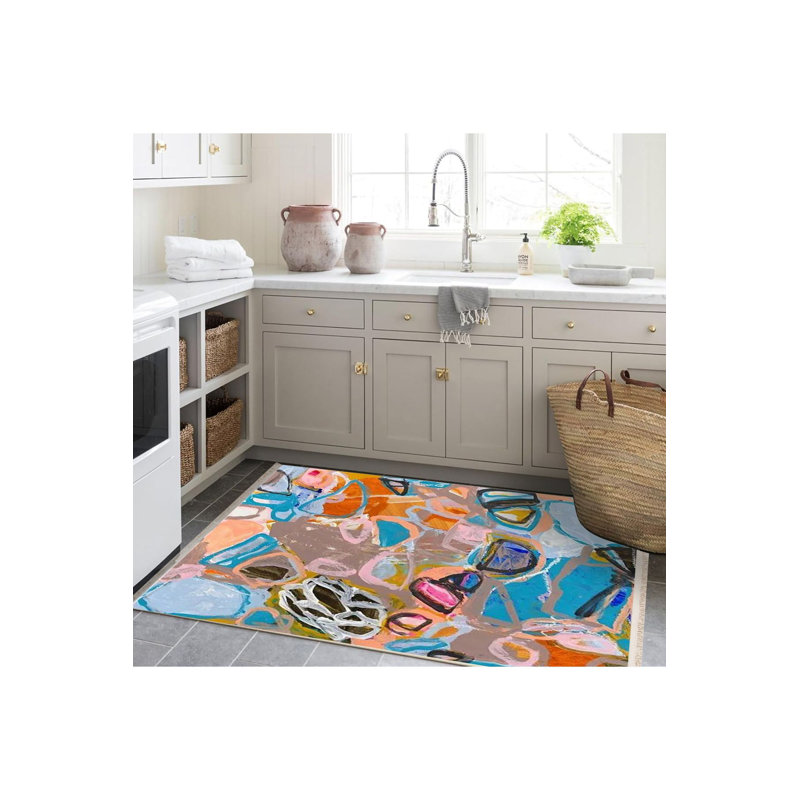 Tapis décoratif lavable à la machine à motif abstrait multicolore, Sous-tapis rectangulaire 2 pi 6 po x 4 pi 11 po