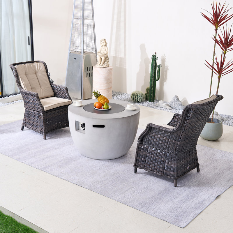 Rajka 2-Person Wicker Aluminum Patio Outdoor Fire Pit Seating Group With Cushions, Beige, Brown