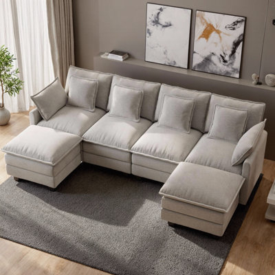 George 6-Piece Upholstered Chenille U Shaped Cloud Modular Sectional Sofa with Two Ottomans