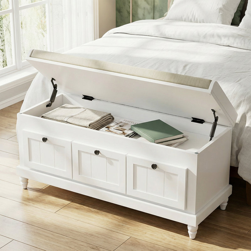 Rustic Shoe Storage Bench With Cushioned Seat - 3 Drawers & Hidden Storage For Home Organization, White