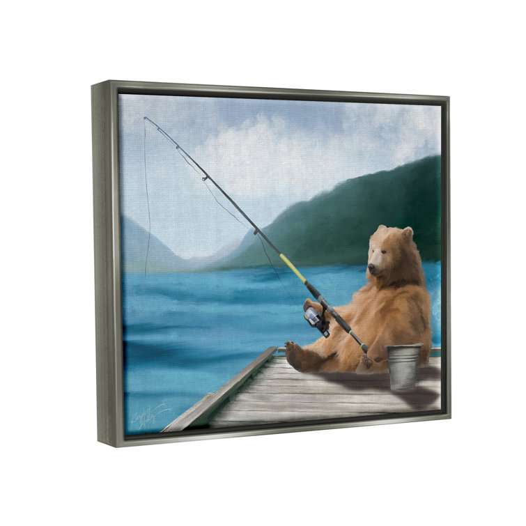 Stupell Bear Fishing Pole Lake Dock Framed Floater Canvas Wall Art by Elizabeth Medley - 21 x 17 - Grey