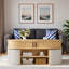Table basse multifonctionnelle ovale avec rangement caché à lattes, compartiment de rangement ouvert et 4 tabourets courbés rembourrés