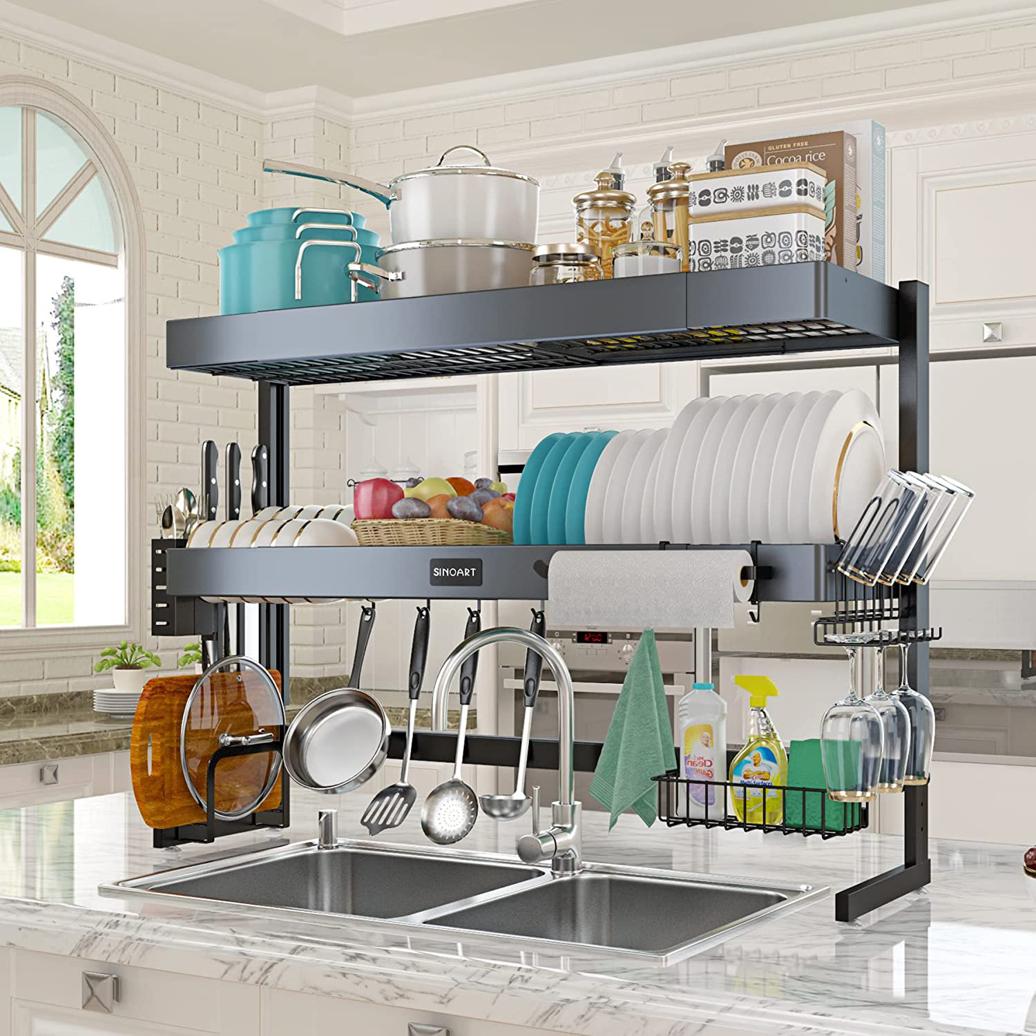 SINOART Over The Sink Dish Drying Rack, 2-Tier Dish Rack Width Adjustable Dish  Drainer for Kitchen Organization Storage Shelf Dish Dryer Rack Utensils  Holder 