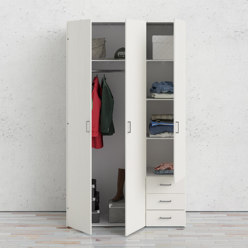 Wardrobe With Three Doors And Three Drawers, White, 200cm H x 116cm W x 50cm D