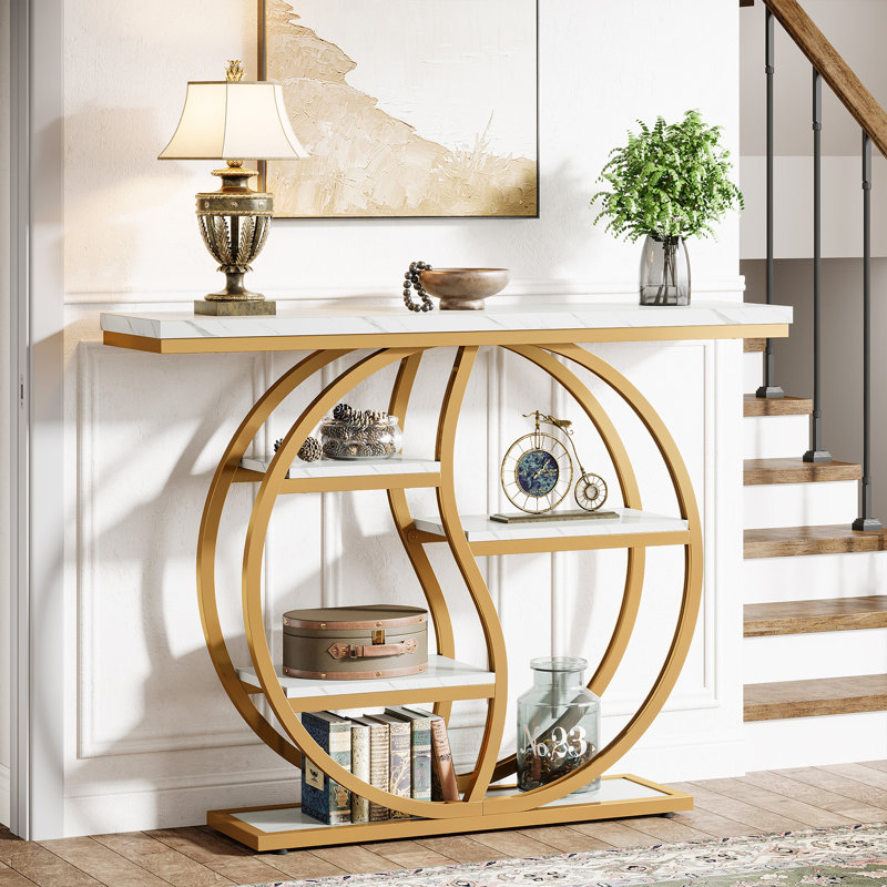 Table d'entrée 47,24 ", console industrielle à 5 niveaux avec plusieurs tablettes de rangement, Blanc / Doré