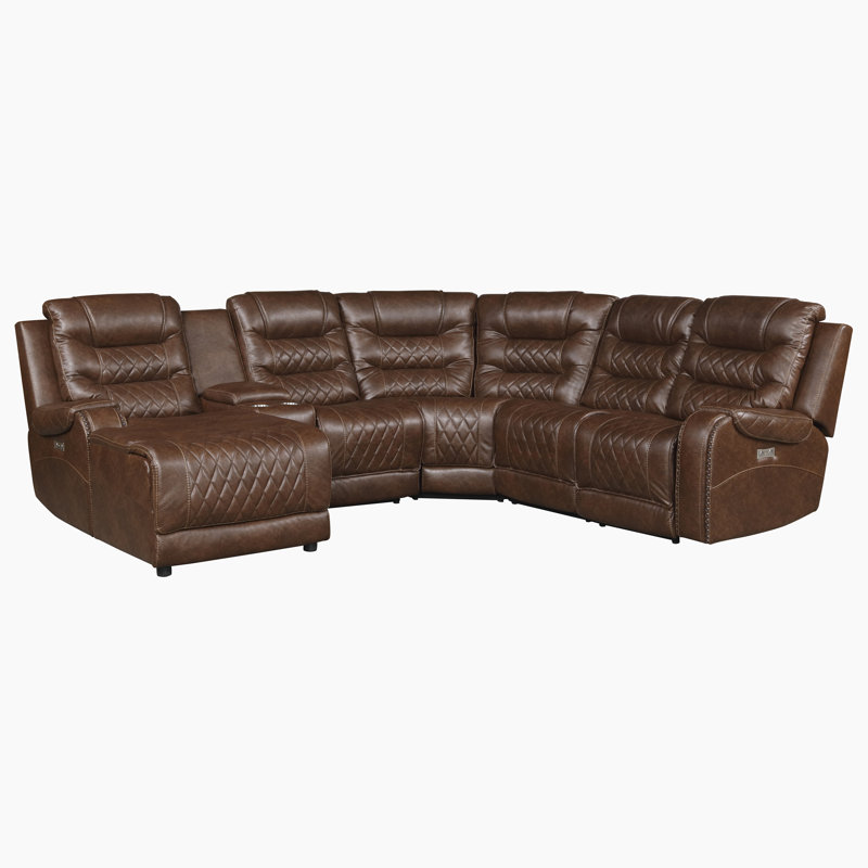 Canapé modulaire traditionnel en similicuir de 101 po avec méridienne gauche Denby, Microfibres brunes, Gauche