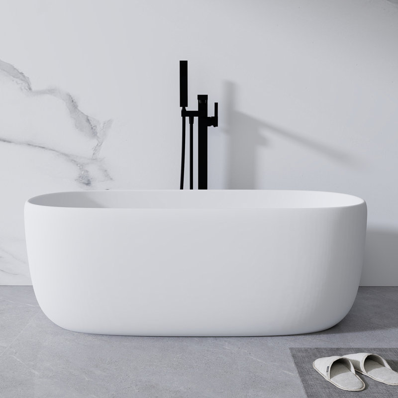 51'' Freestanding Bathtub Resin Stone Soaking Bathtub Solid Surface Modern Tubs With Overflow And Pop-Up Drain In White