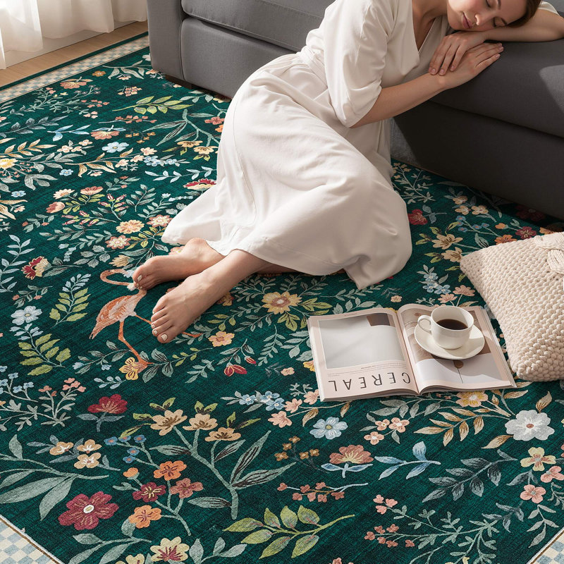 Washable Farmhouse Floral Area Rug  with Non-Slip for Bedroom Nursery Living Room Decor-Green, Rectangle 5' x 7', Green