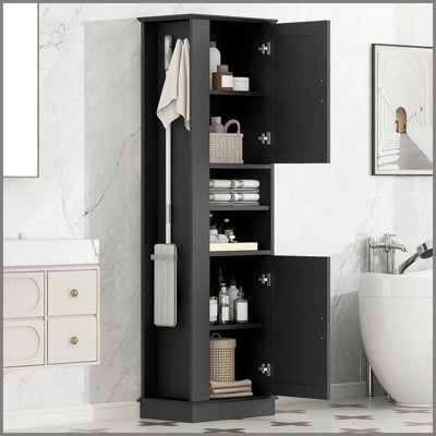 Grande armoire de rangement pour salle de bain, armoire de rangement autoportante avec crochet et tablette réglable, panneau de fibres à densité moyenne, noir