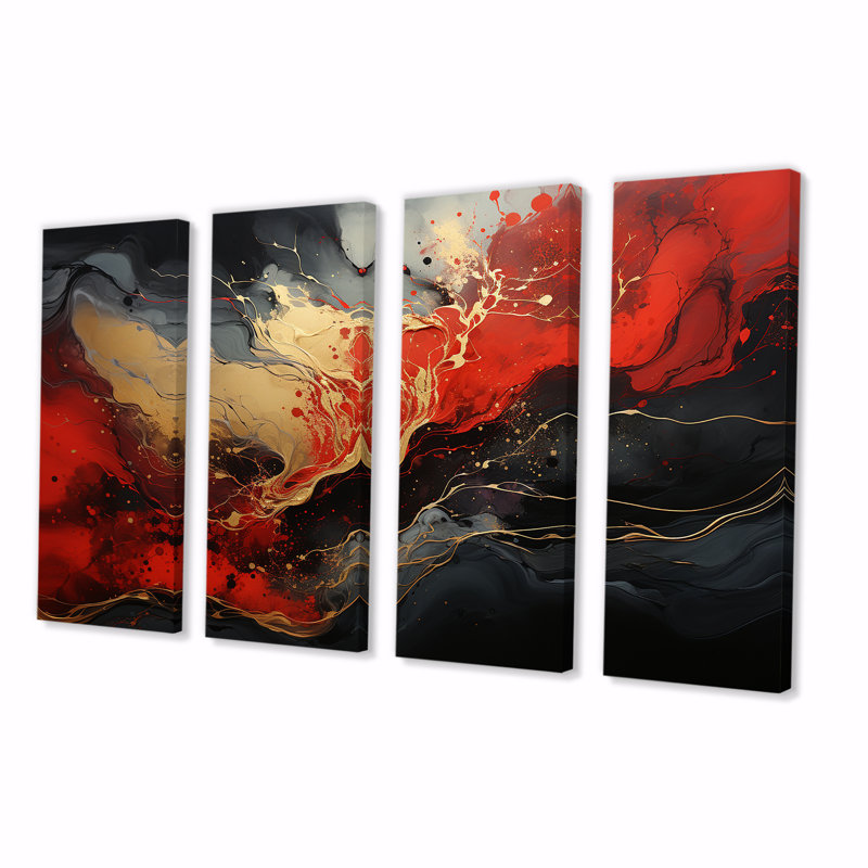 «Red and Gold Marble Volcano II», peinture abstraite, art mural 4 pièces pour le salon, H 28 po x l 48 po