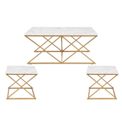 Nesting Coffee Table Set of 3, Faux Marble Top with Golden Frame