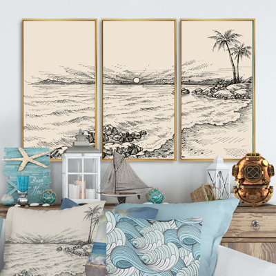 Vue rétro sur la mer et palmiers sur la côte - ensemble d'art mural encadré nautique et côtier sur 3