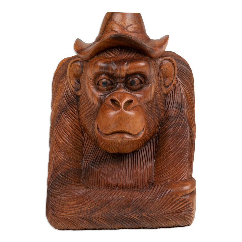  Handmade Pensive Orangutan Wood Sculpture