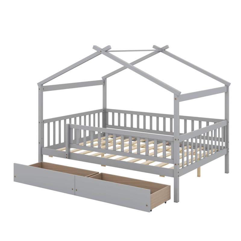 Lit en bois avec tiroirs, Gris, Lit double