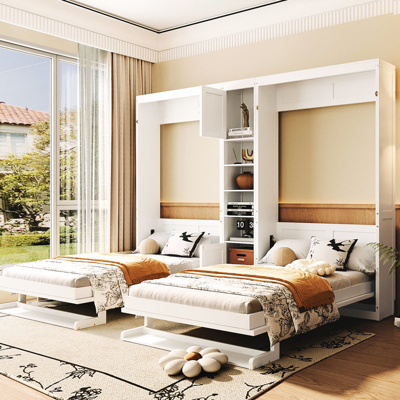 Deux lits simples en blanc, unité de rangement centrale et tablette - fonction des pieds, peu encombrant pour les petits espaces de vie, armoires design, appartements confortables