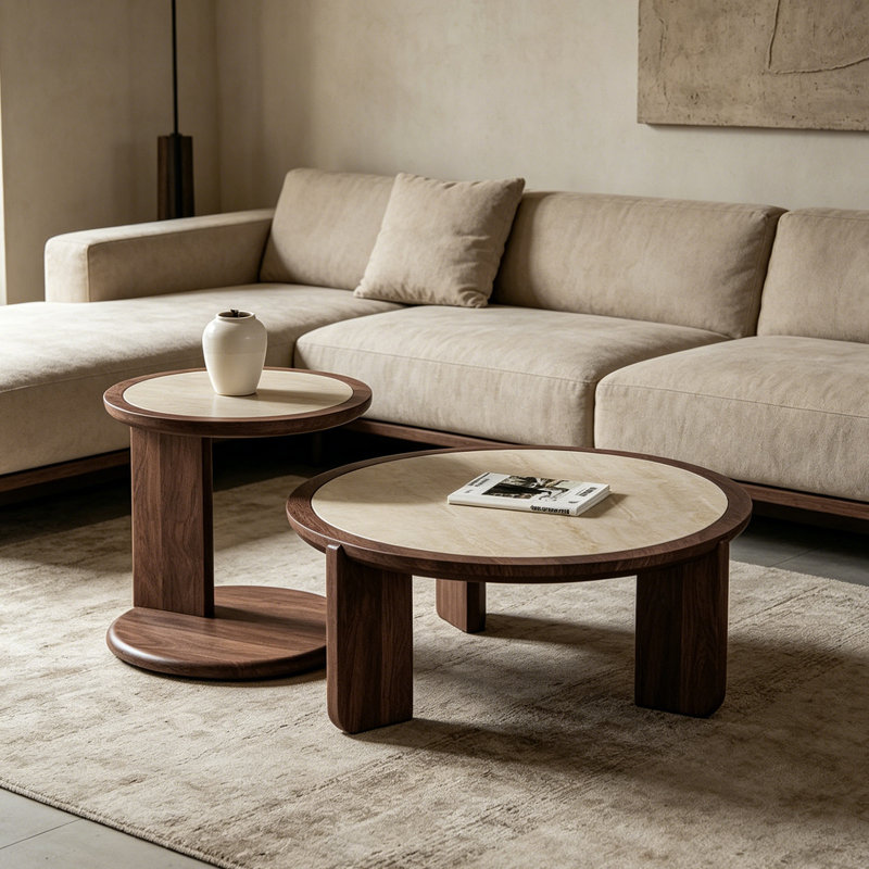 Ensemble de tables basses rondes en noyer, Beige / brun noisette