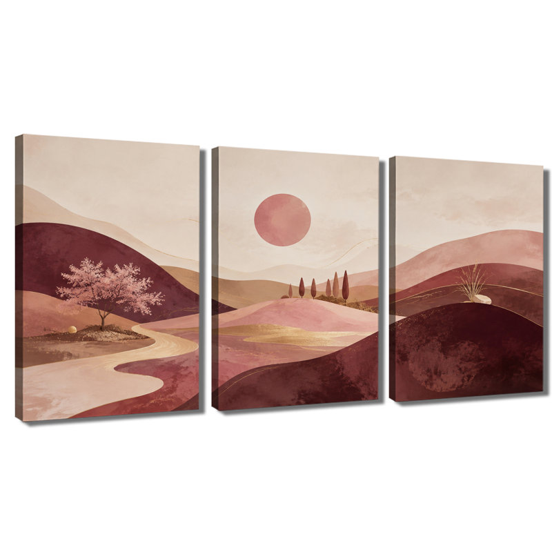 3 panneaux muraux boho doré montagne coucher de soleil sur toile tendue, 20 * 30 pouces * 3