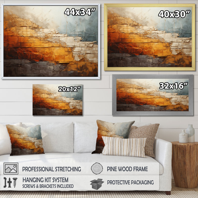 Grey And Orange Geological Wonders - Abstract Collages Canvas Art Print, H 16 po x l 32 po x P 1 po, Cadre flottant doré