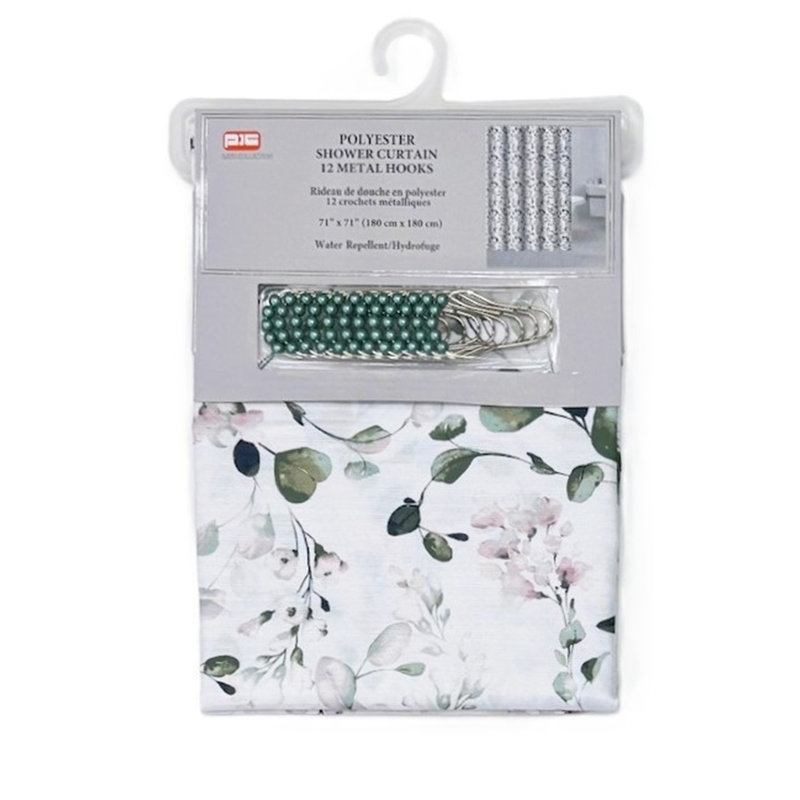 Rideau de douche en poly + crochets en métal - Floral, Blanc / blanc / rose floral 2