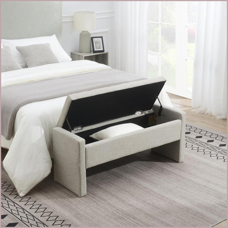 Banc de rangement moderne en lin avec rangement - Repose-pieds confortable pour la chambre à coucher du salon | Gris clair | Rangement