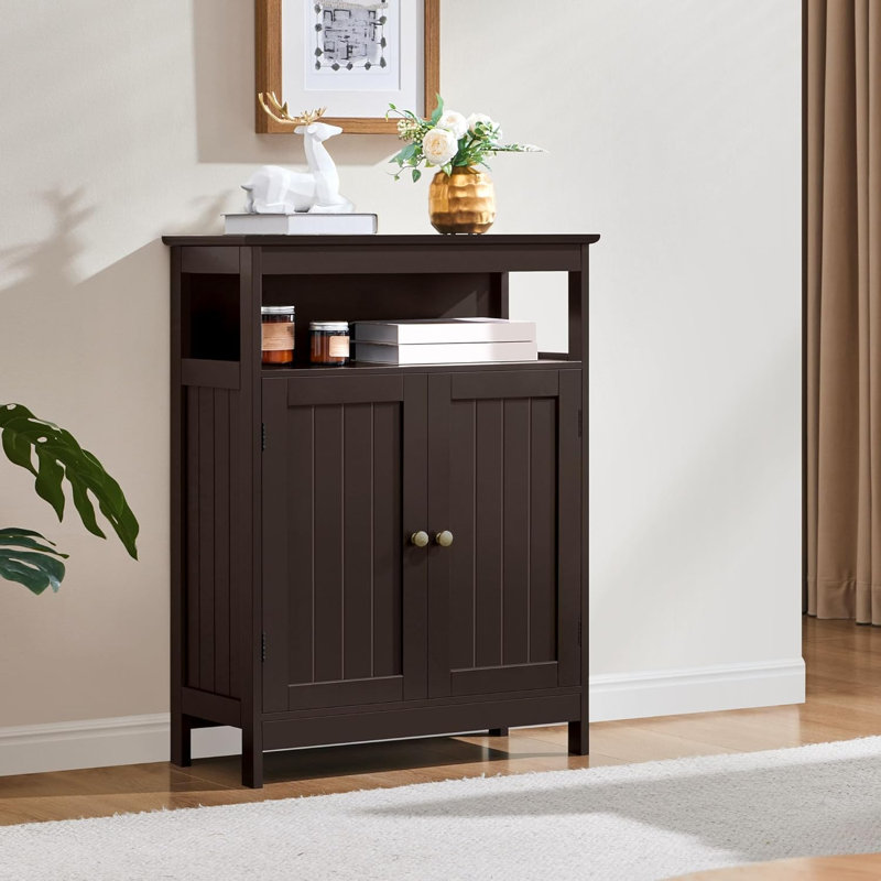 Bathroom Floor Storage Cabinet, Wooden Free Standing Storage Organizer With 2 Doors & Adjustable Shelves, For Living Room Hallway
