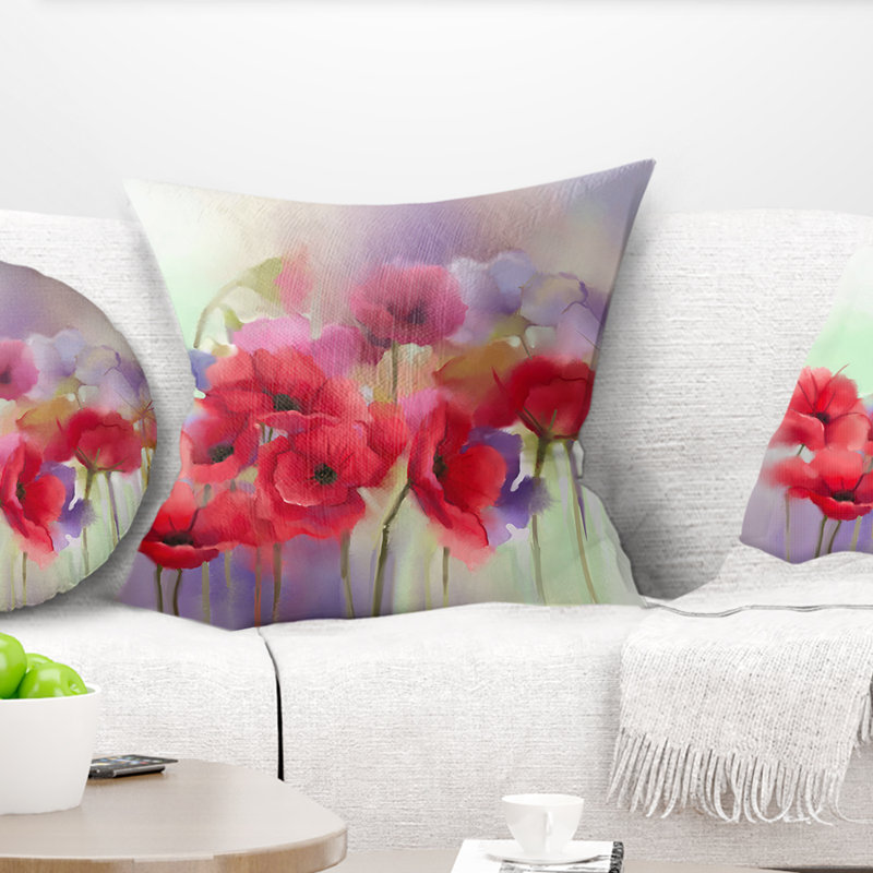 Coussin Watercolor Red Poppy - imprimé floral, 16 po x 1 po, Carré
