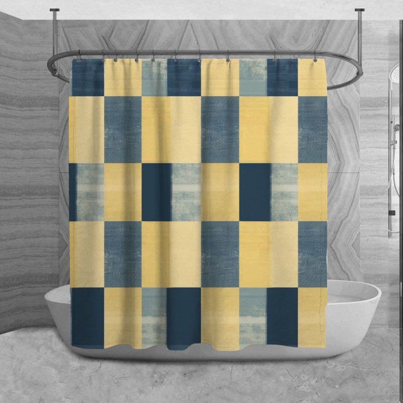 Checkered Shower Curtain Pattern Bath Mat Navy Bathroom Decor, H 84 po x l 70 po