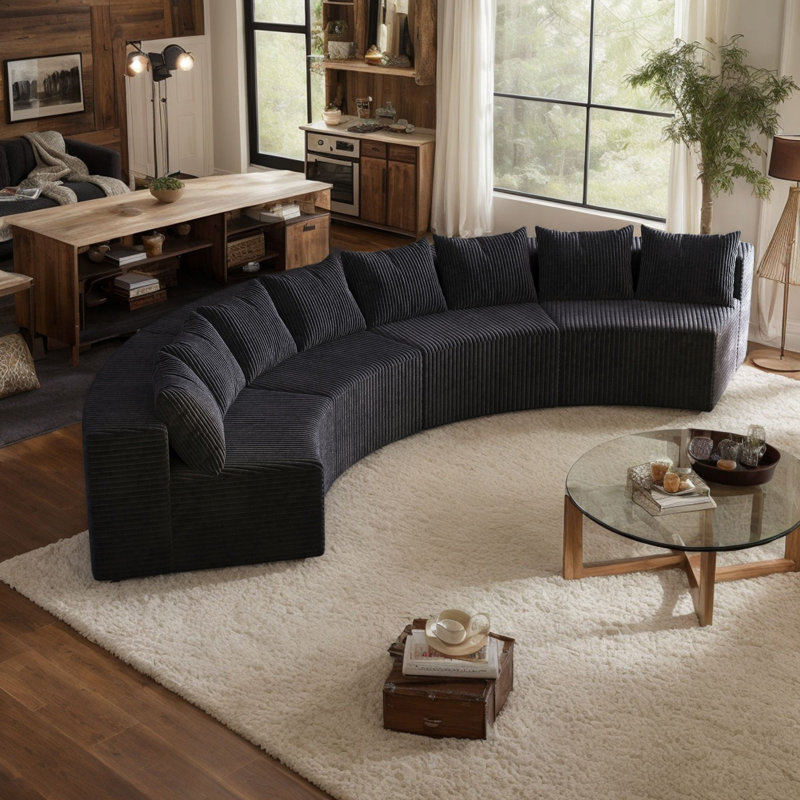 Corduroy Curved Sectional Sofa With Four Pillows,2 Modules, Black Corduroy