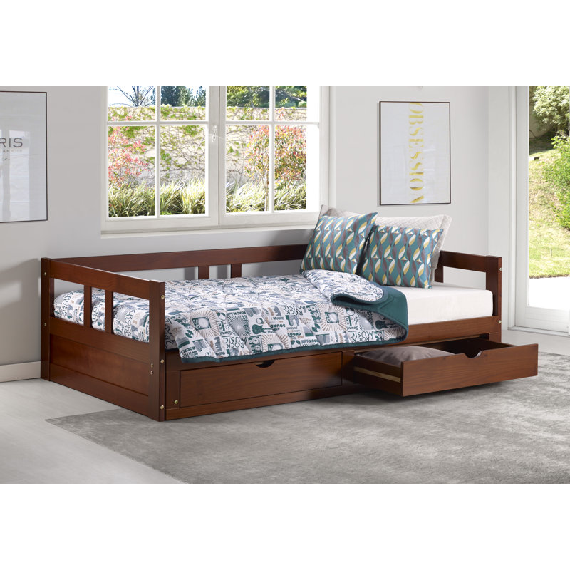 Bechtold Melody Extendable Daybed Frame with Trundle and Storage Drawers, Brazilian Pine Wood King-Size Bed for Kids Bedroom Furniture, 200 Pound Capacity, Multiple Finish Options - CHESTNUT