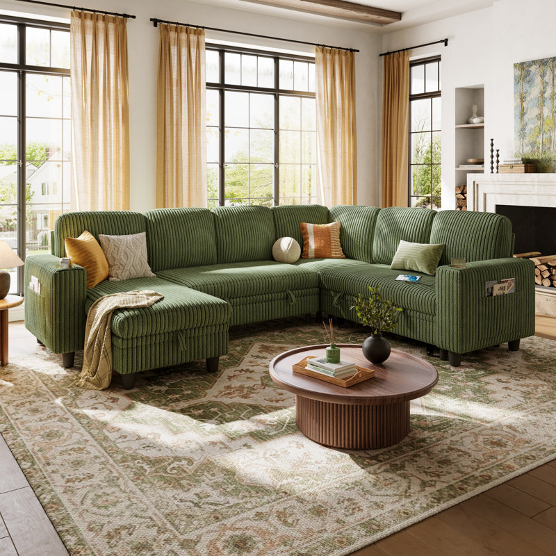 Sherry 106" Upholstered Modular Sectional with Sotrage Ottoman & USB Charging, Bella Forest Green Corduroy