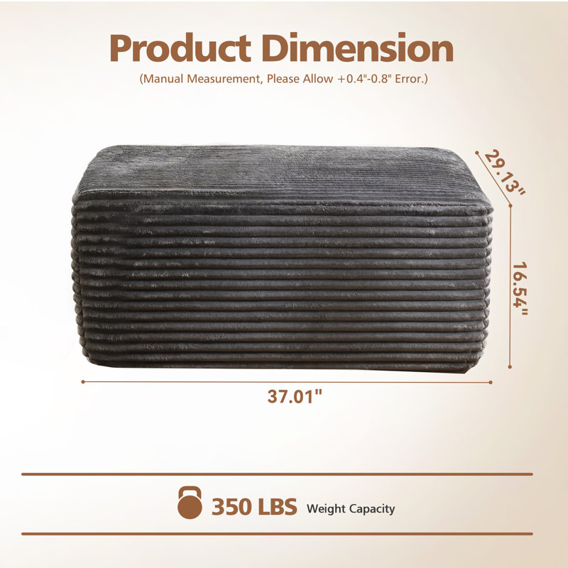 37.01'' Wide Fluffy Ottoman, Plush Accent Pouf, For Modern Interior Design, Grey Faux Fur