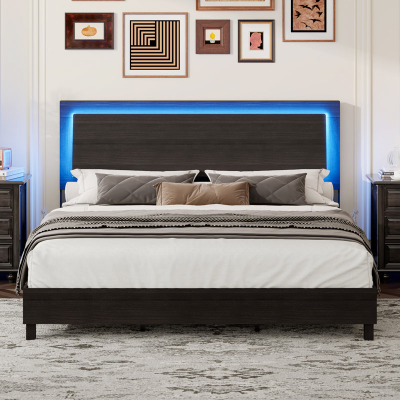 Carnbrock 47" Headboard Queen Platform Bed with LED Lights, Black, Black, Queen