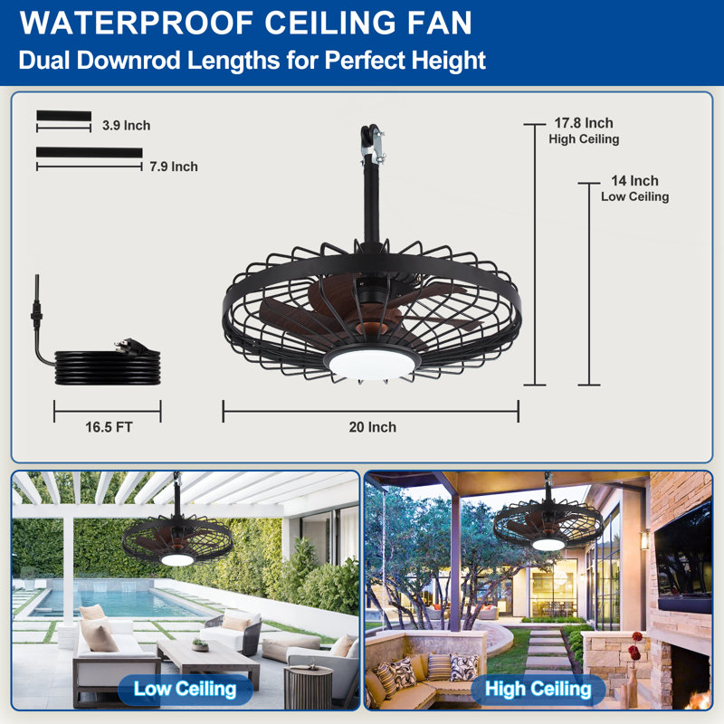 20 Inch Waterproof  Outdoor Ceiling Fans with Lights, Plug in Gazebo Fan with Remote App Control, Caged Fans for Patios Pergola Porch Canopy, 6 Speed Black and Walnut