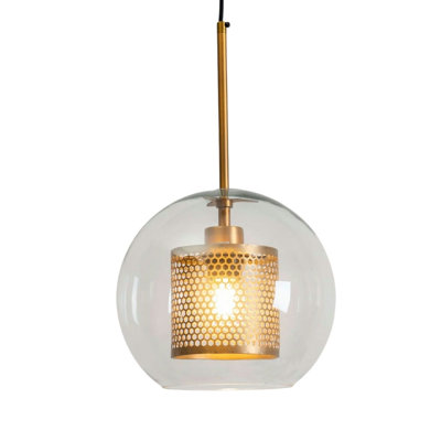 Modern Minimalist Ceiling Pendant Light – Mesh Metal Globe with Glass Lantern Shade, E27 Bulb