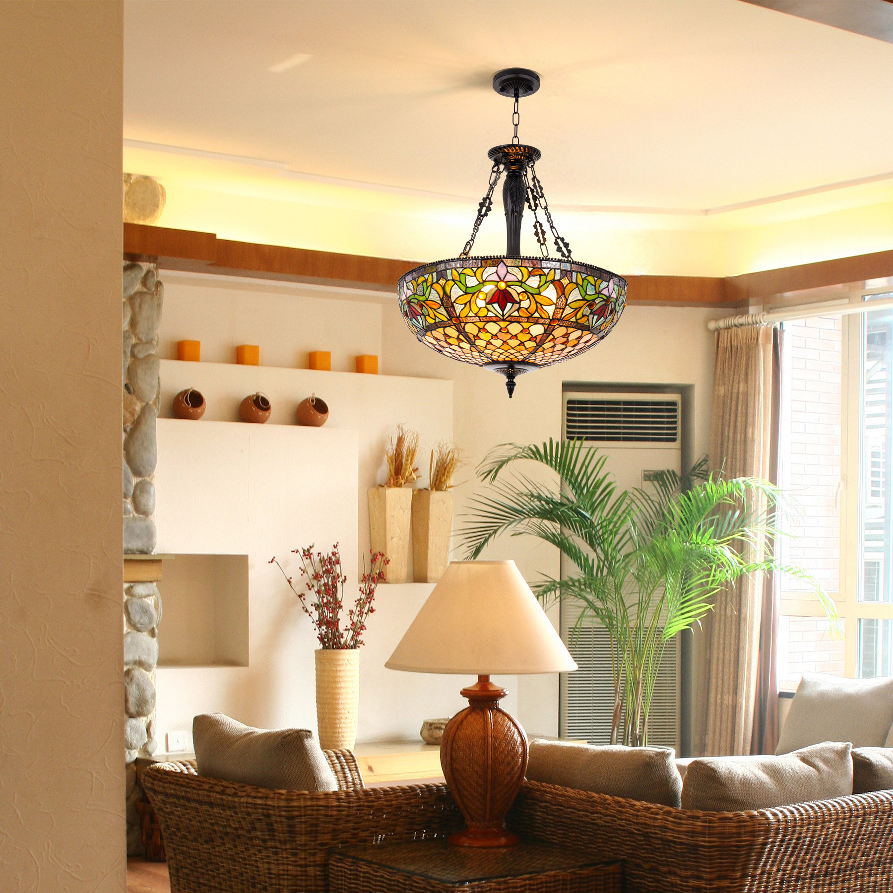 Tiffany Pendant Light Fixture 19'' Wide 5-Light Victorain Rustic Style Stained Glass Chandeliers Hanging Lamp Inverted Ceiling Pendant Lights for, image size:1800x1800