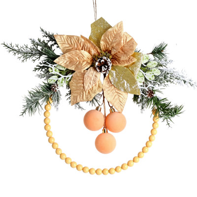 15.7 Inch Christmas Wreaths for Front Door, Poinsettia Berry Leaves Bells Balls Xmas Wreath with White Fake Pampas Grass, Door Reef for Windows Fireplaces Walls, Front Porch Indoor and Outdoor