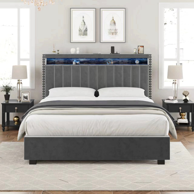 Lit de rangement luxueux avec vérin à gaz avec lumières à DEL et tête de lit, Grand lit