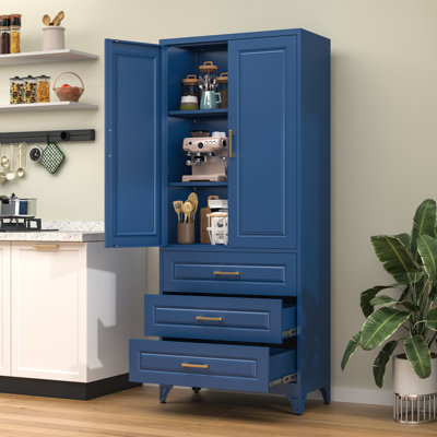 75" Tall Kitchen Pantry Cabinet, Blue Metal Storage Cabinet with Doors and Adjustable Shelves, Large Food Pantry Cabinet with 3 Drawers, Freestanding Metal Pantry Cabinet for Dining Room, Living Room, Bathroom,Garage