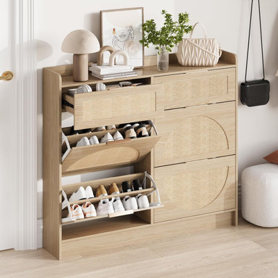 Rattan Shoe Cabinet with 4 Flip Drawers and 2 Small Drawers, Narrow Freestanding Shoe Rack with Adjustable Shelves and Metal Handles for Entryway