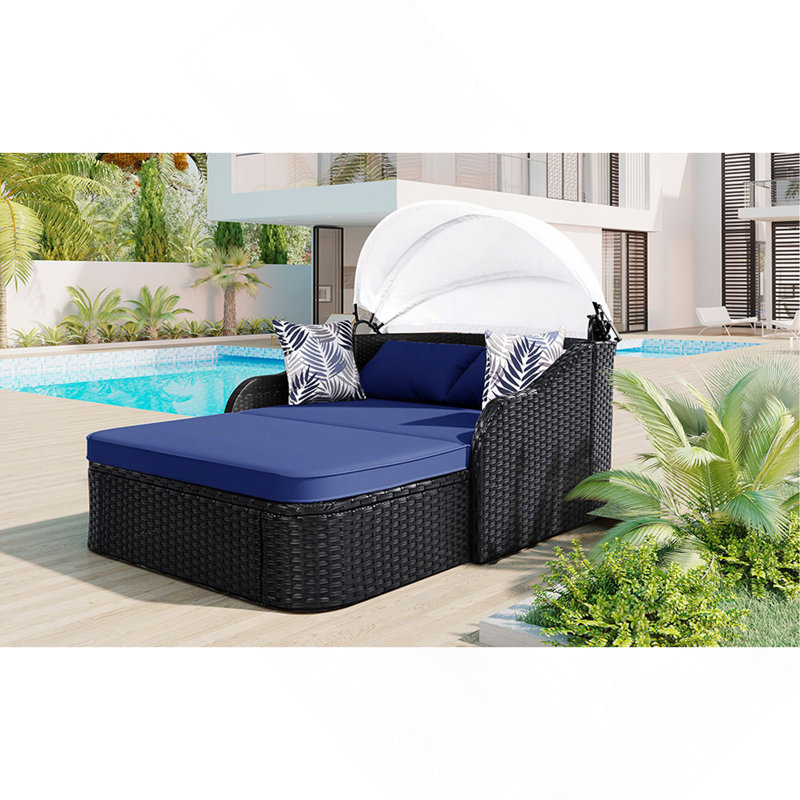 Lit de bronzage d'extérieur 79,9 po avec auvent réglable, lit double, lit de repos en rotin PE, osier noir et coussin bleu