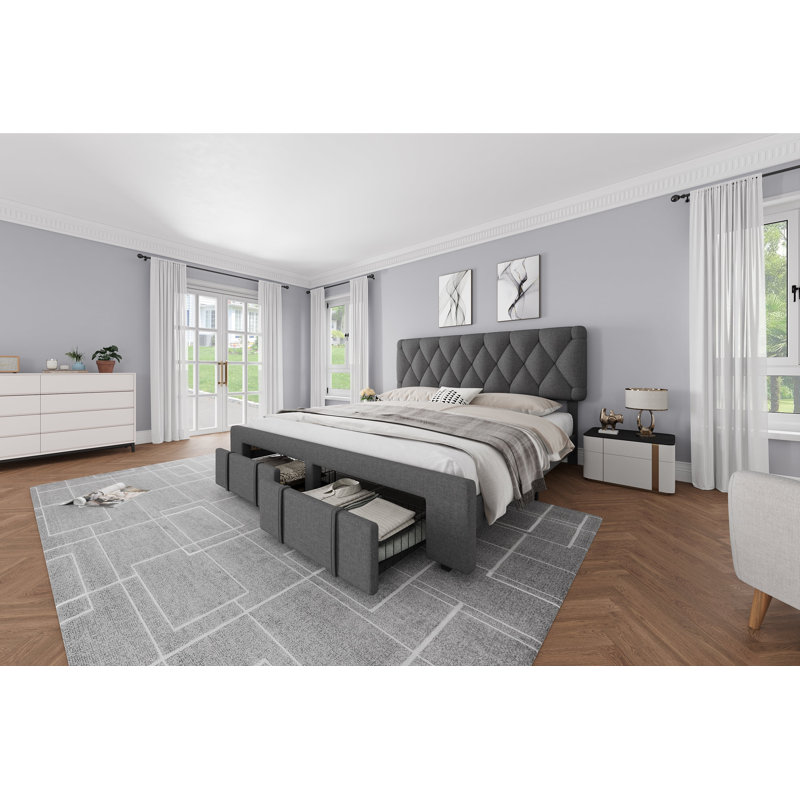 Structure de lit très grand avec tête de lit capitonnée à motif de losanges, structure de lit plateforme tapissier avec tiroir de rangement, support de lattes en bois robuste, aucun sommier nécessaire, silencieux, gris