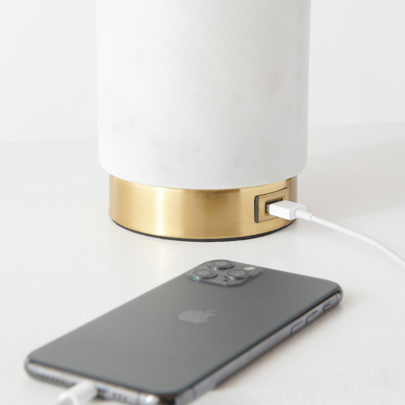 Lampe de chevet à DEL en marbre blanc 17 po avec port USB Arden, White/Gold