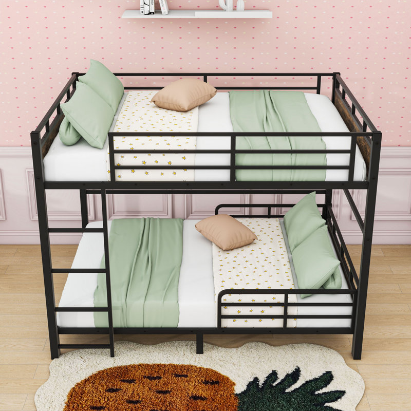 Metal Bunk Bed With Built-In Ladder And Guardrails, Full Over Full, Vintage Wood