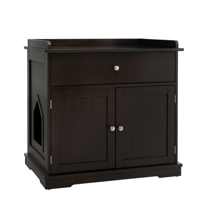 Brown Wooden Cat Litter Box Enclosure with Drawer and Side Table