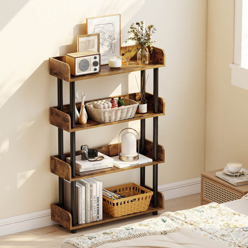 1 PCS 4-Tier Bookshelf with Anti-Tipping Kit Industrial Storage Unit for Living Room Rustic Brown, Brown/Black, 1