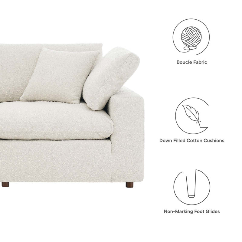 Ivory Boucle Fabric Overstuffed Loveseat with Down Cushions
